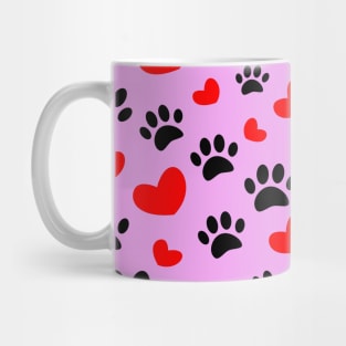 Black Dog Paws Red Hearts Pattern On Pink Mug